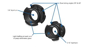 Hamskea Raptor peep sight for archery, black, labeled aperture and string angles.