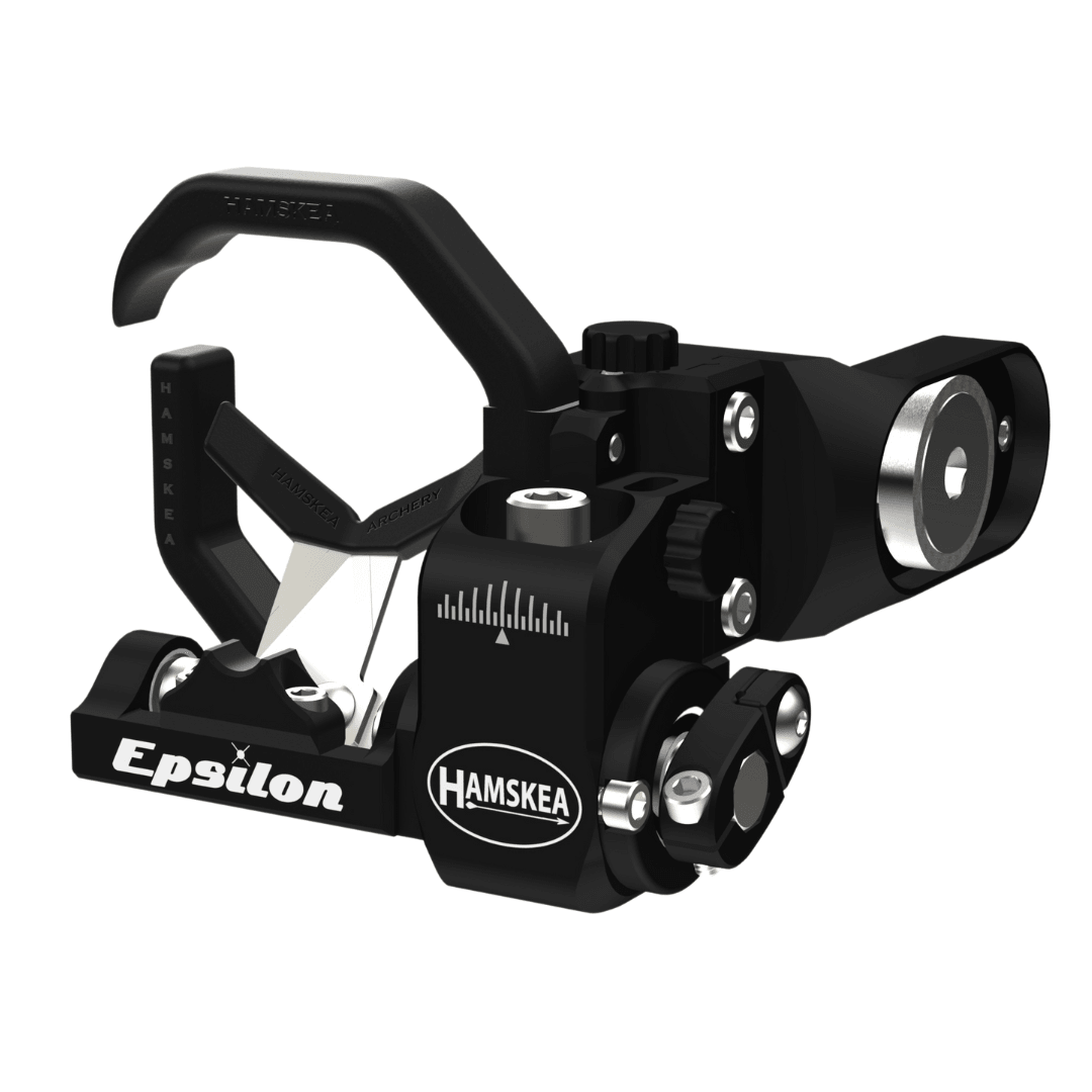 Hamskea Epsilon arrow rest black archery accessory with adjustment dial on white background