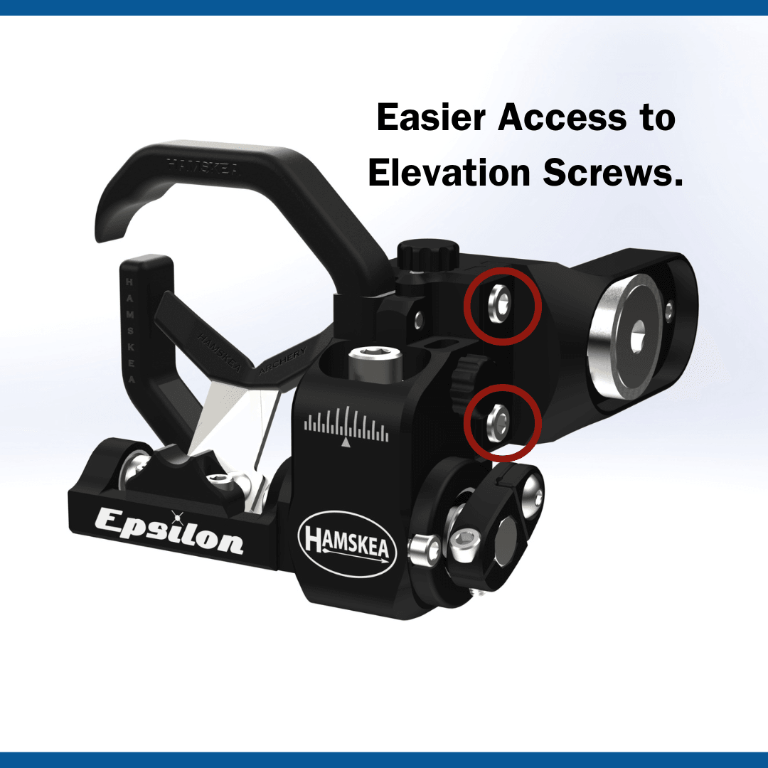 Hamskea Epsilon arrow rest with highlighted elevation screws and easier access text