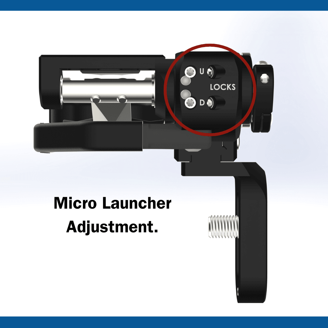 Micro Launcher adjustment mechanism with elevation screws and lock settings close-up