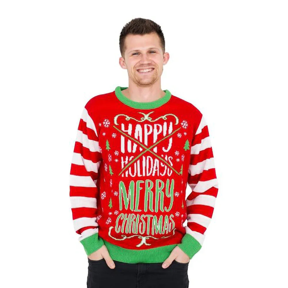 Man wearing red and white striped ugly Christmas sweater with 'Happy Holidays Merry Christmas' text