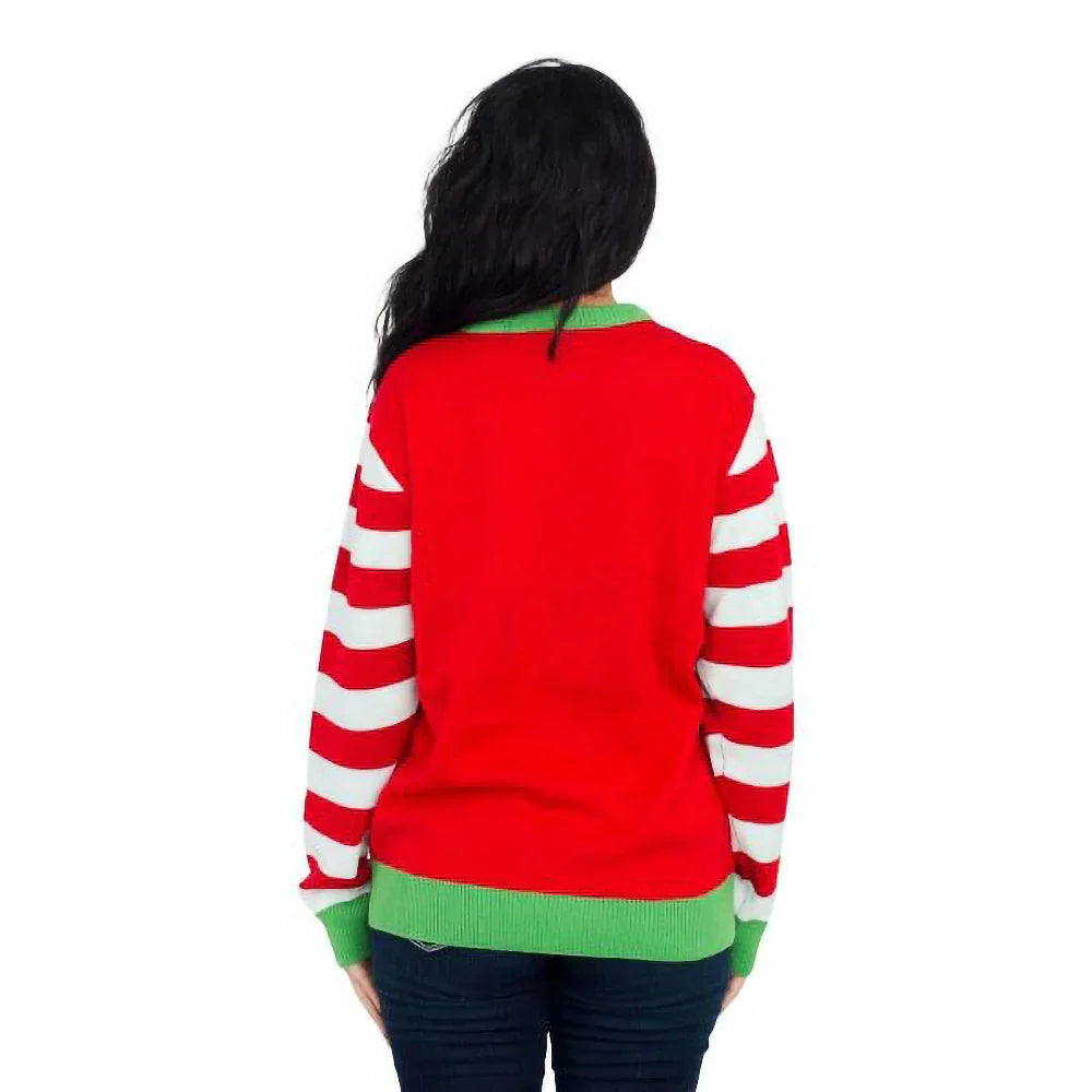 Woman wearing red ugly Christmas sweater with white striped sleeves and green trim, back view