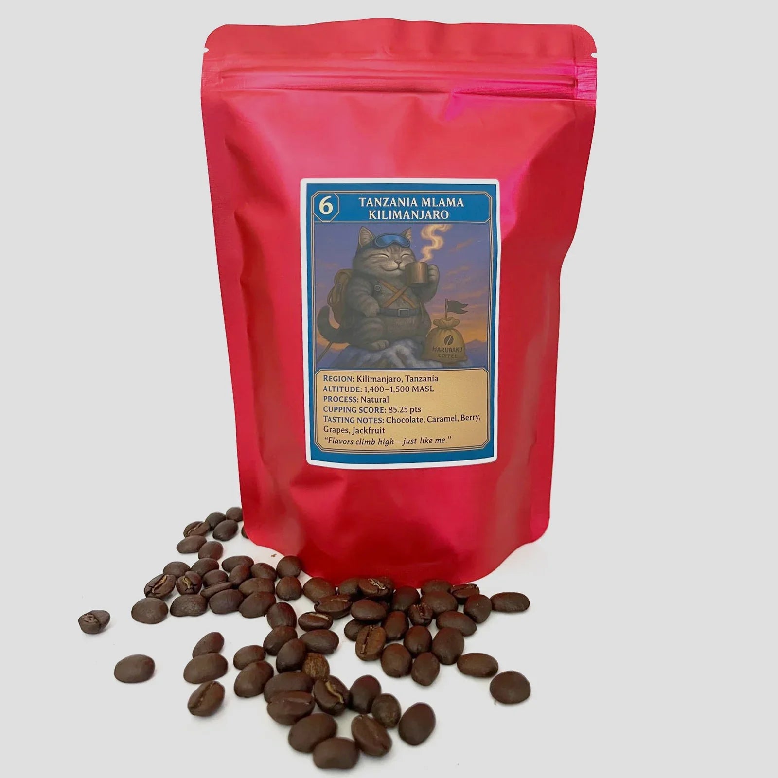 Tanzania Mlama Kilimanjaro coffee beans and red bag with illustrated label on white background