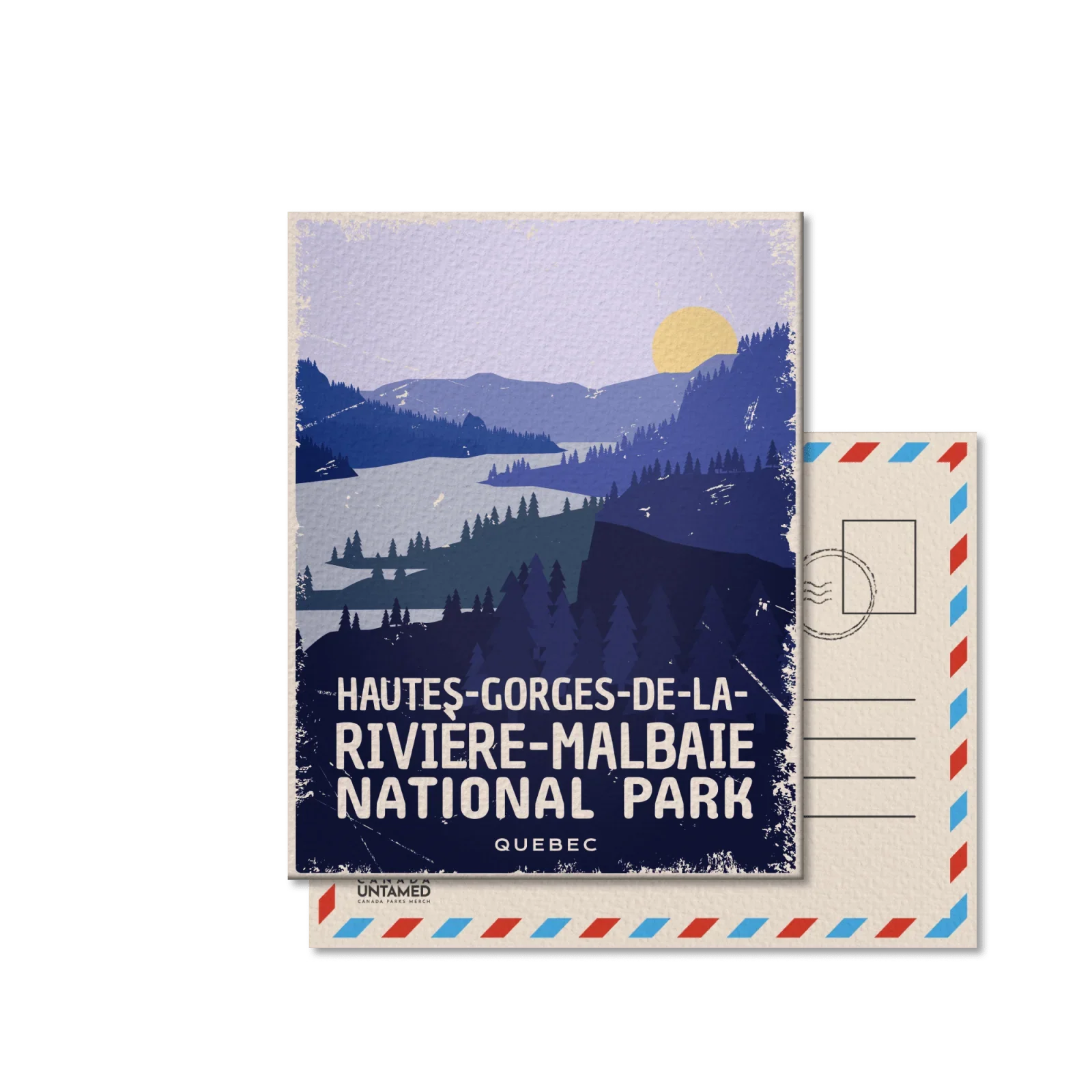 Postcard with illustrated mountains and forest, Haute-Gorges-de-la-Rivière-Malbaie National Park Quebec