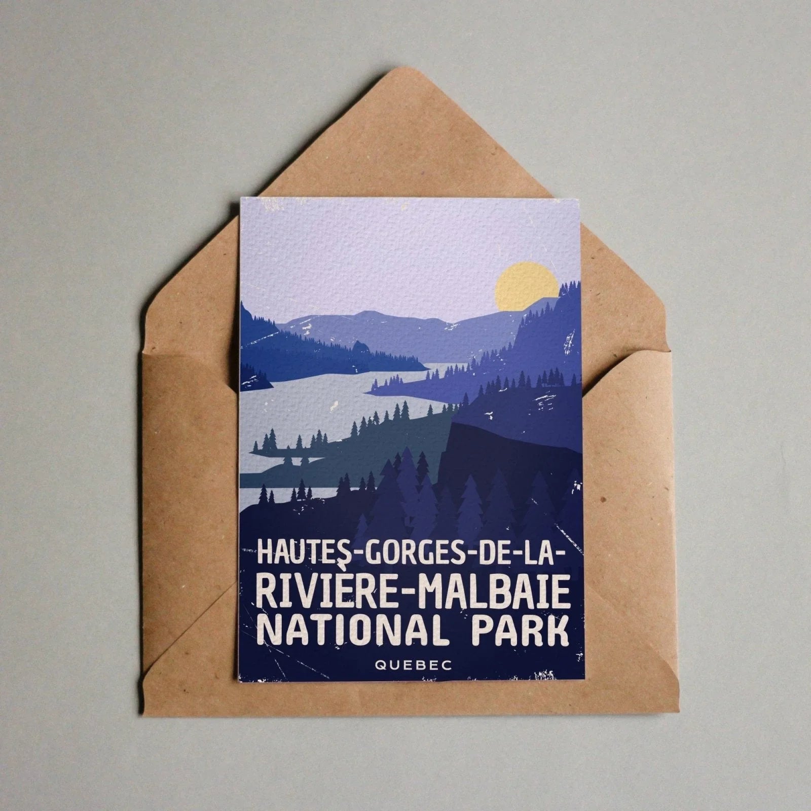 Hautes-Gorges-de-la-Rivière-Malbaie National Park postcard with illustrated mountains and forest.