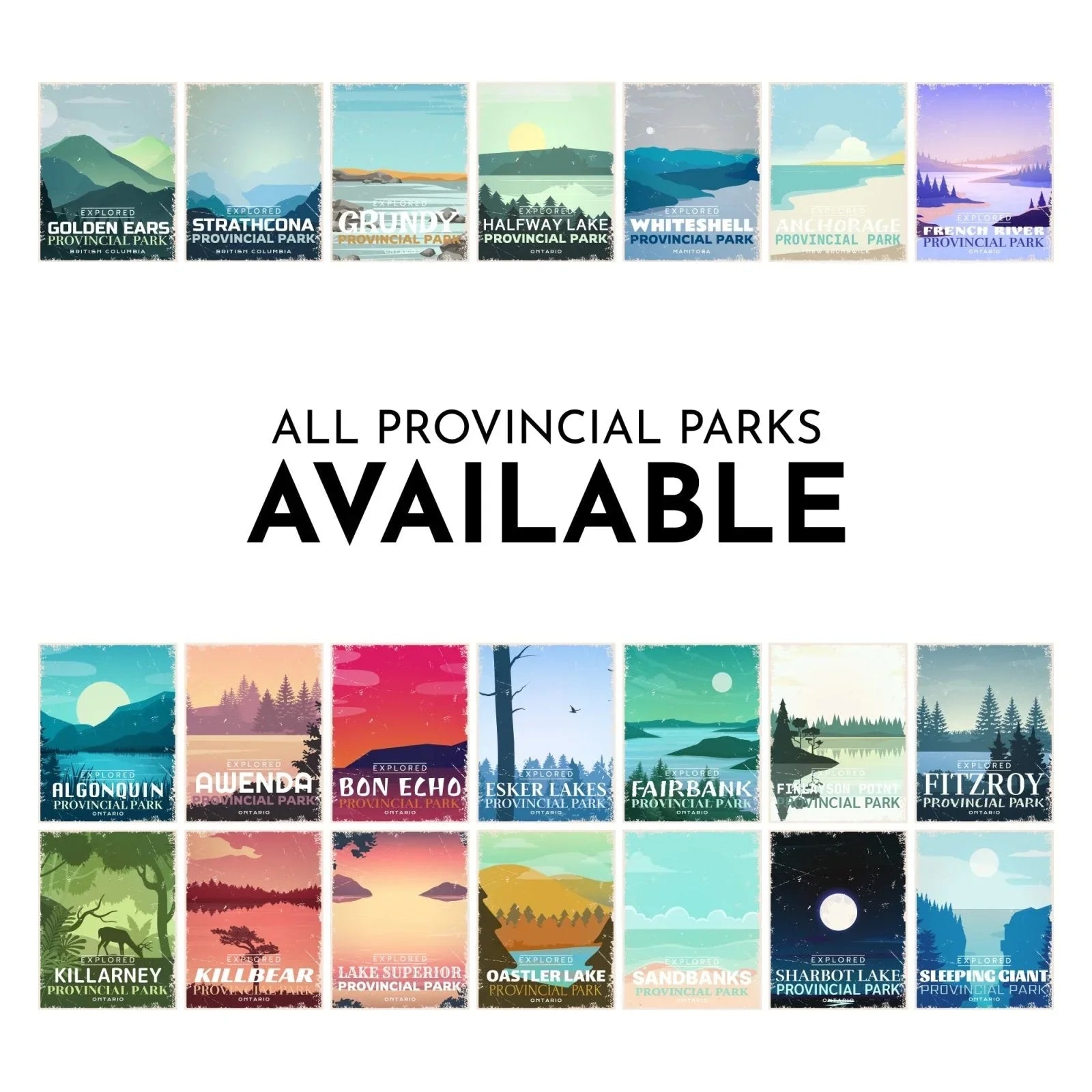 Grid of illustrated provincial park postcards with text 'All Provincial Parks Available'.