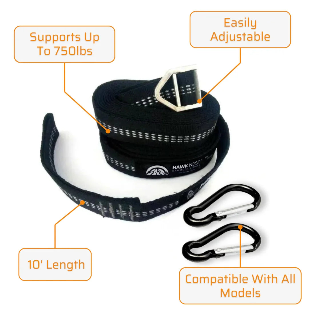 Black hammock strap with metal buckle, carabiners, 10' length, supports 750lbs, adjustable.