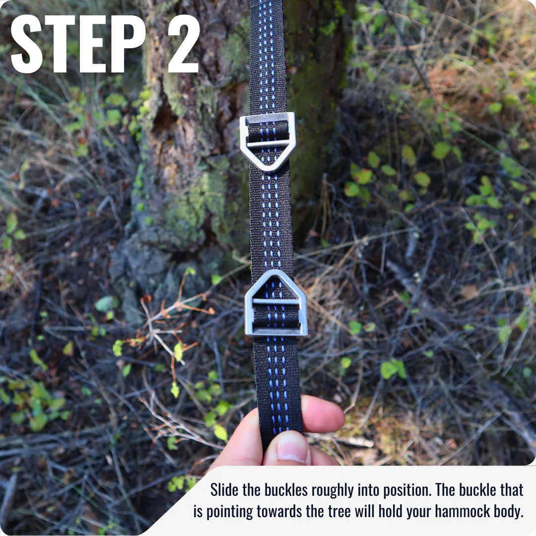 Step 2 adjustable hammock strap with metal buckles being set up around a tree outdoors