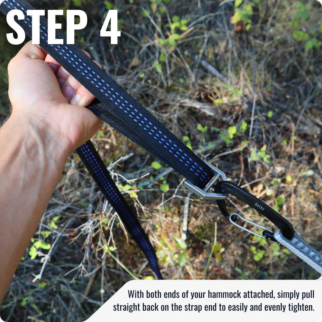 Hand tightening adjustable hammock strap with carabiner outdoors, step 4 setup guide.