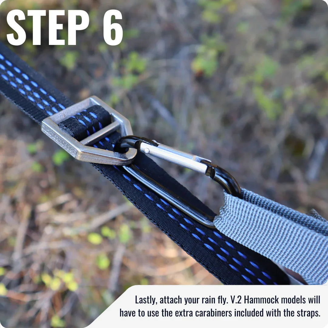 Close-up of hammock adjustable strap setup with metal carabiner, outdoor step 6 guide