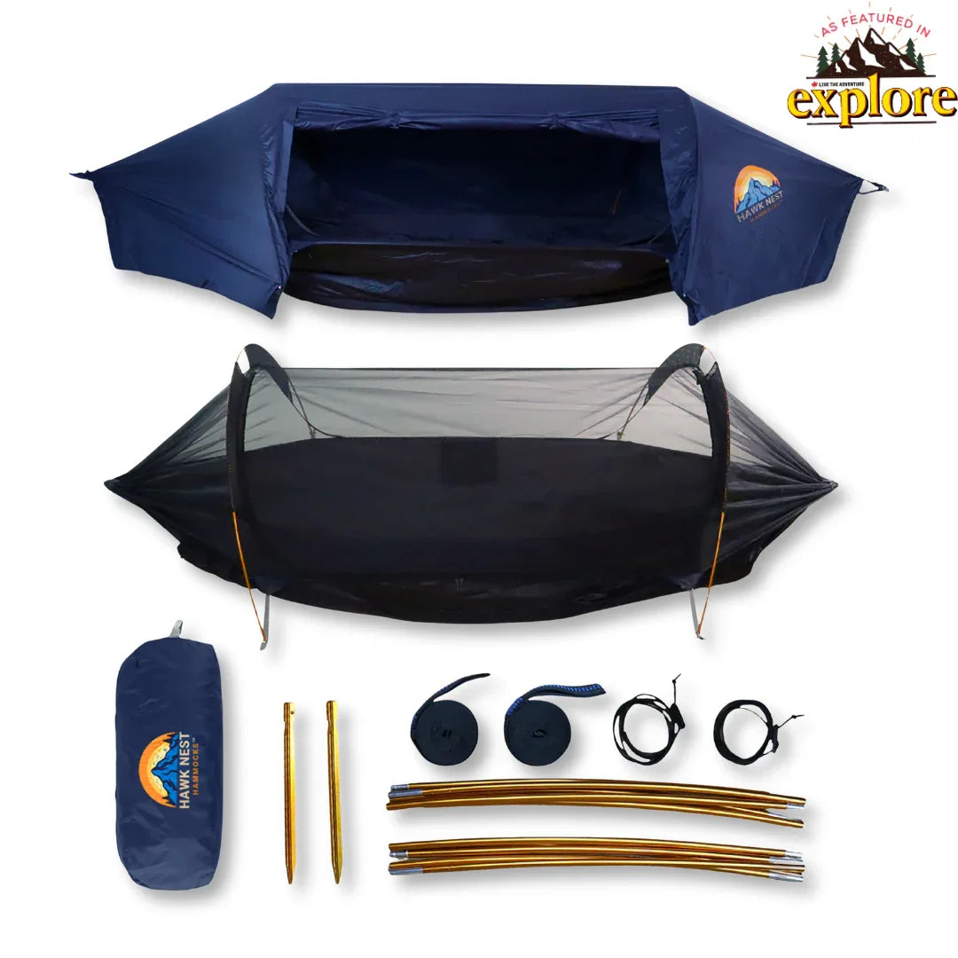 Hawk Nest hammock tent kit with rainfly, mesh shelter, stakes, straps, and poles for camping