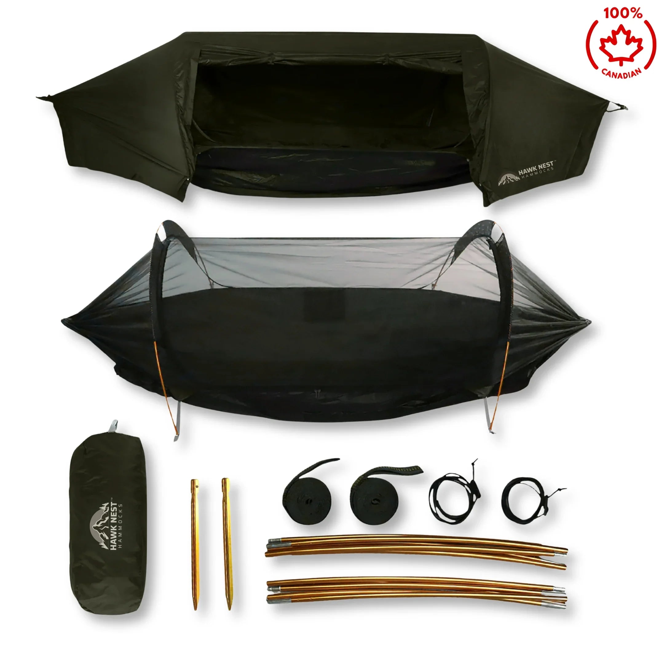 Hawk Nest camping hammock tent kit with poles, stakes, straps, and carry bag, 100% Canadian