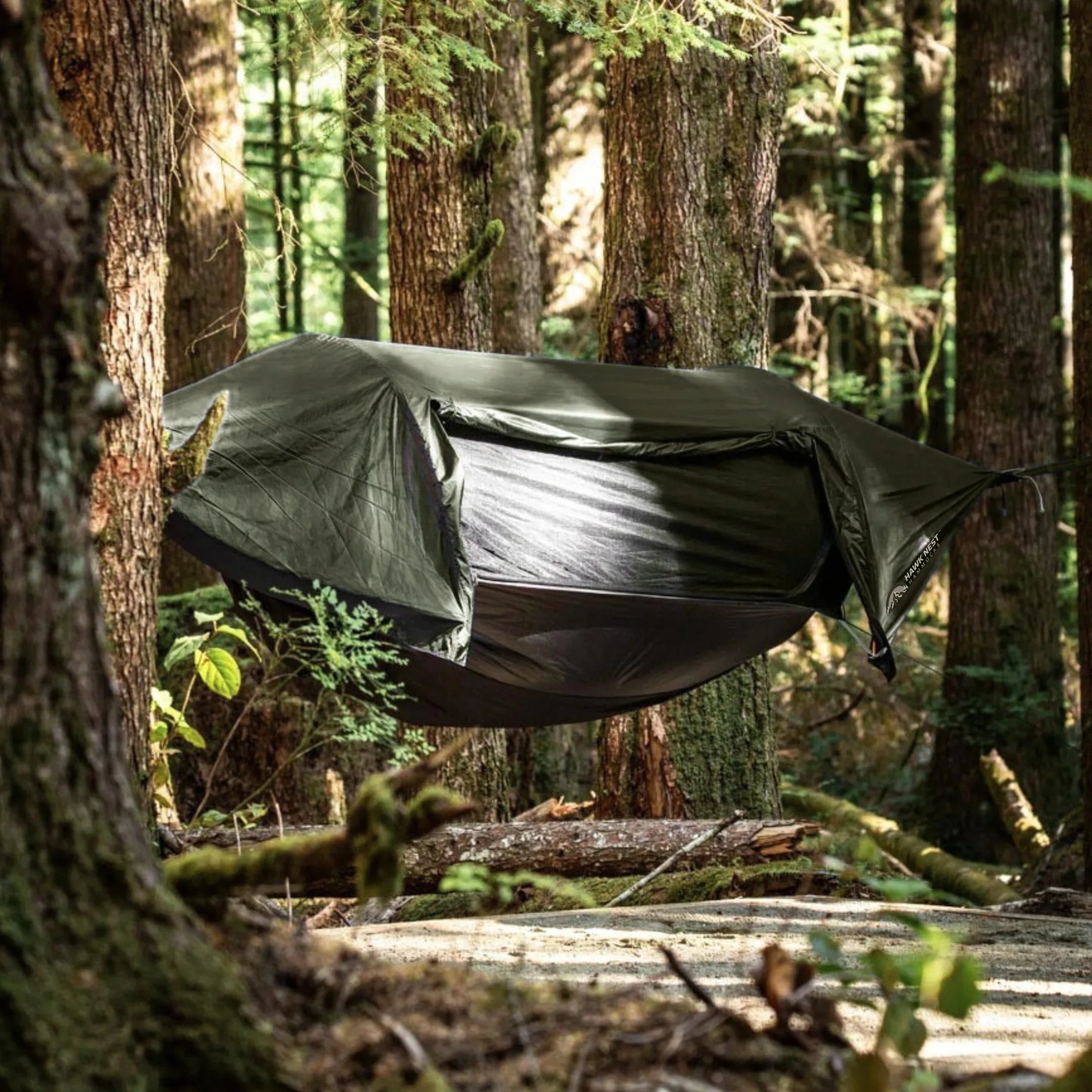 Camping hammock with rainfly set up between trees in a forest, outdoor gear