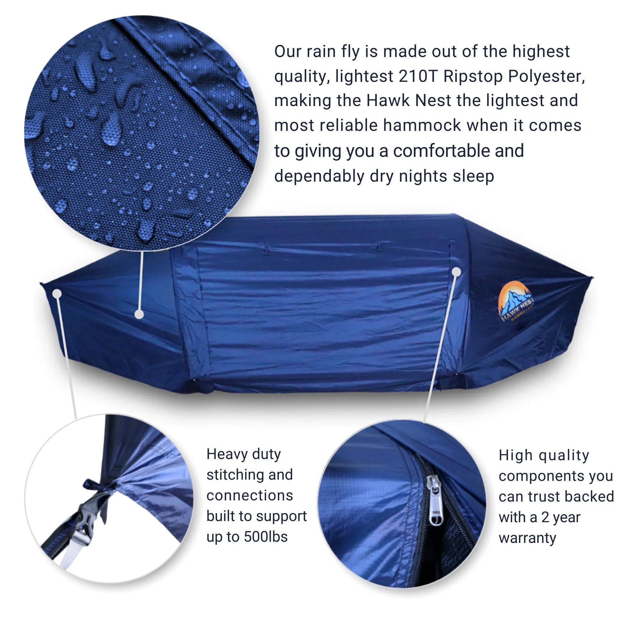 Blue Hawk Nest hammock with rain fly, ripstop polyester, heavy duty stitching, zippered closure
