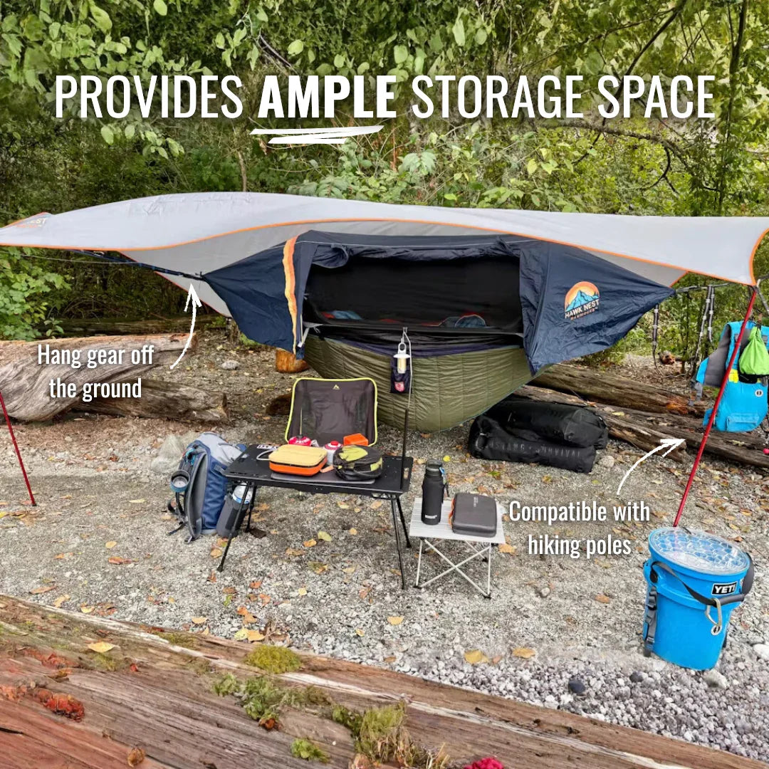 Camping hammock shelter with rainfly, ample storage, compatible with hiking poles, outdoor gear