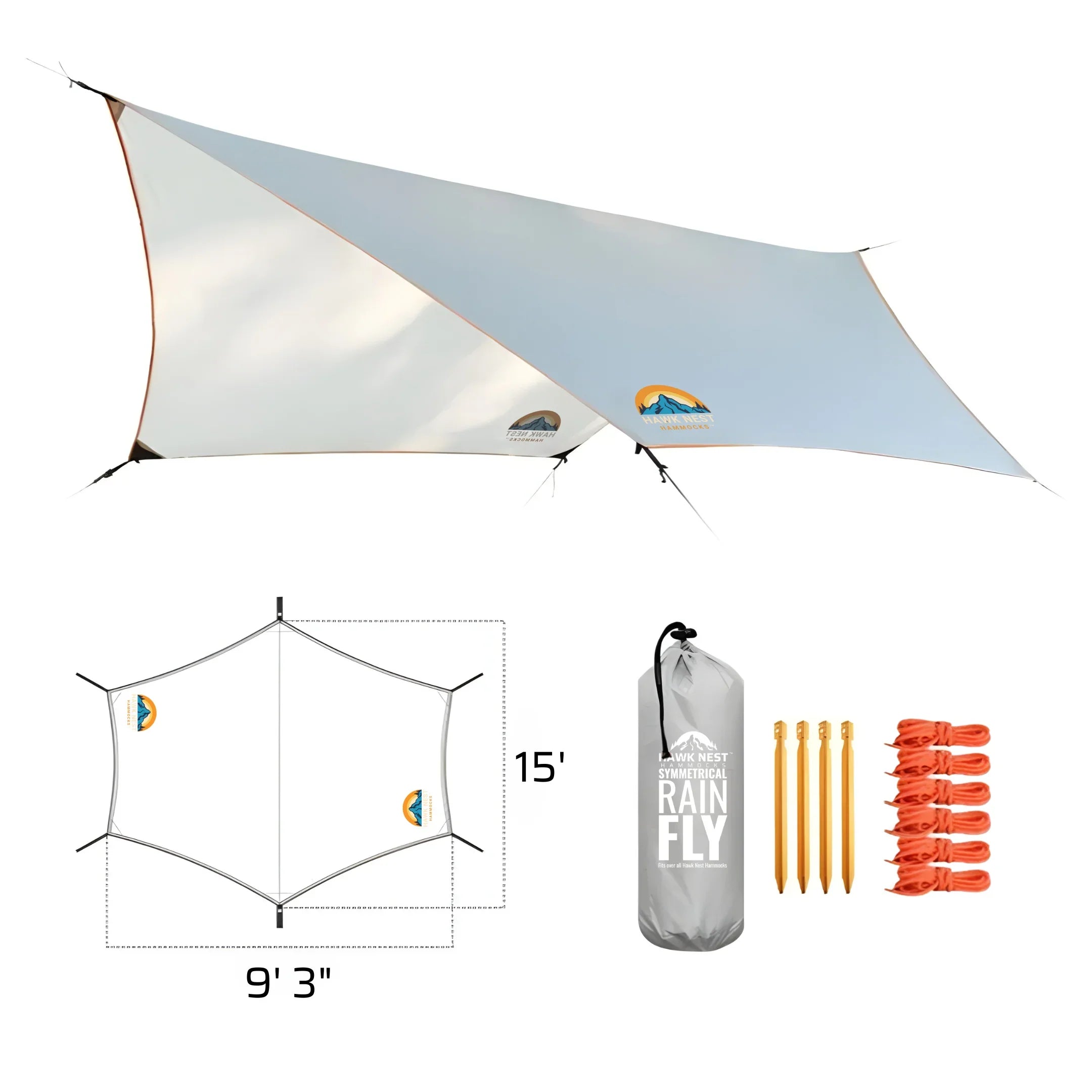 Cool grey rain fly tarp kit with stakes, ropes, and storage bag for camping shelter