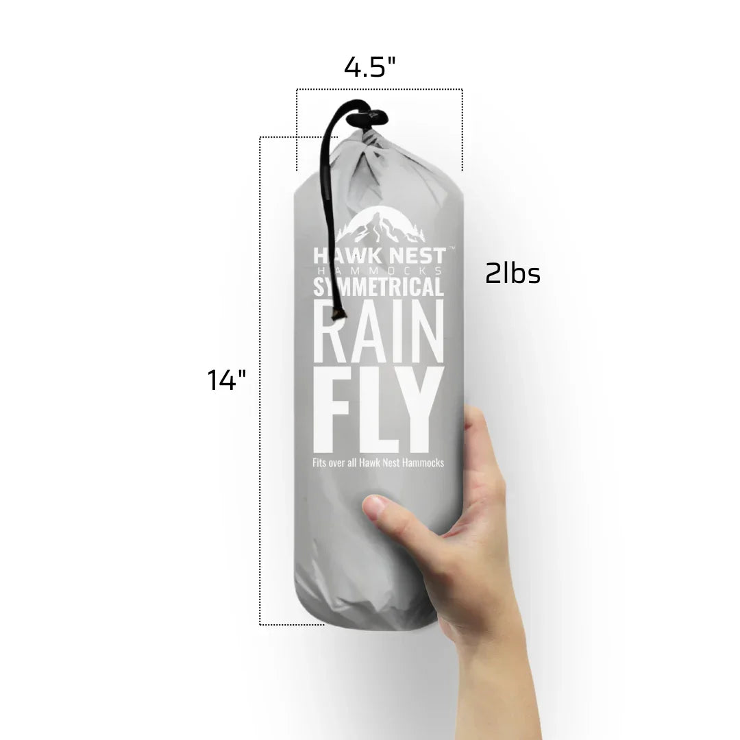 Hawk Nest Hammocks symmetrical rain fly in grey stuff sack, 14x4.5 inches, 2 lbs, held by hand
