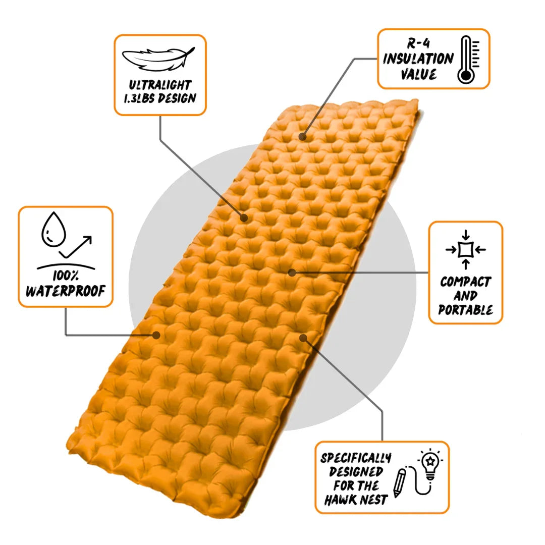 Ultralight orange camping sleeping pad with waterproof, compact, insulated design features.