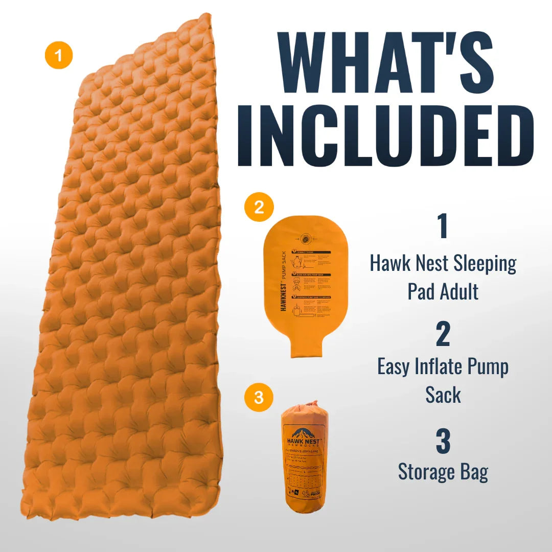 Hawk Nest sleeping pad set with inflatable pad, pump sack, and storage bag.