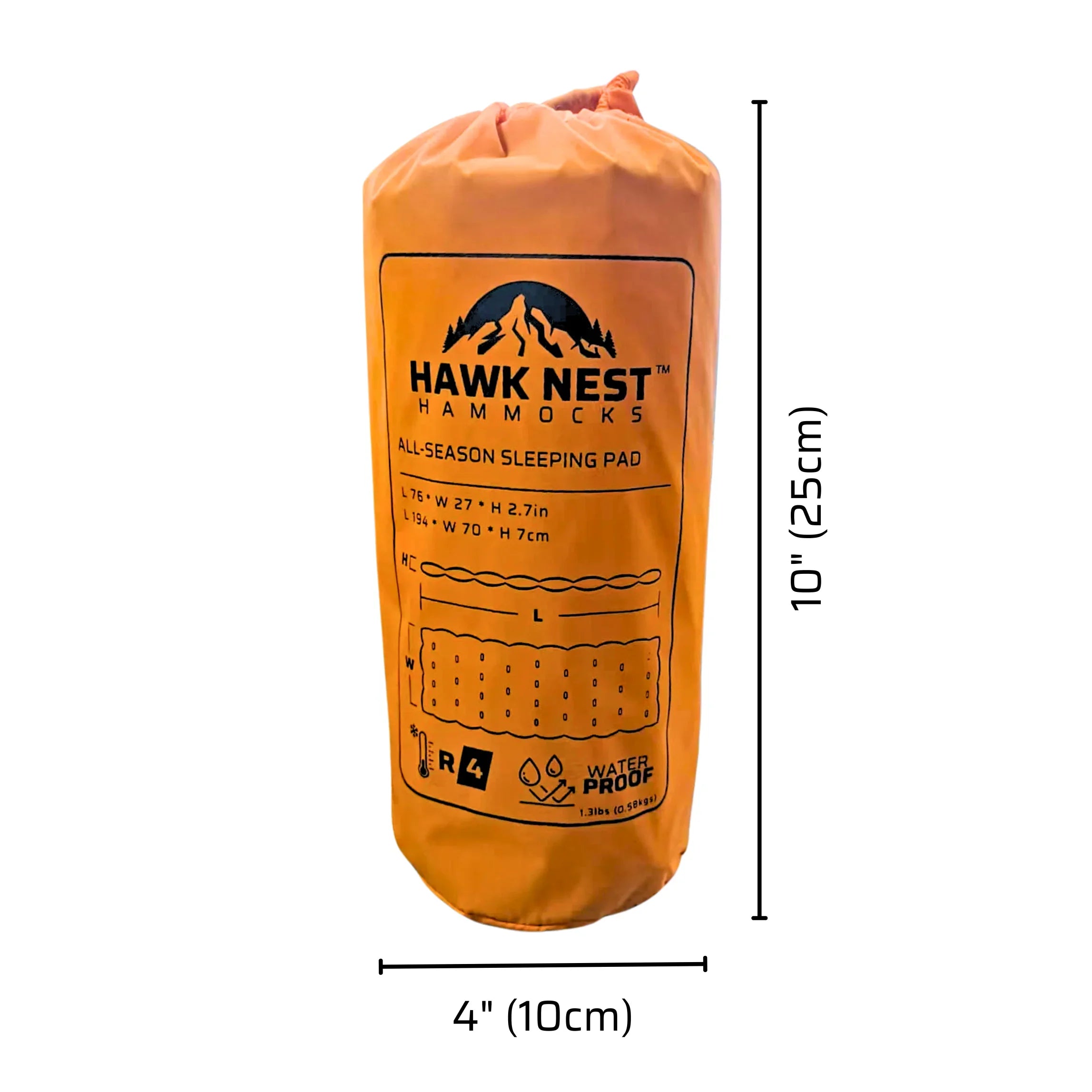 Hawk Nest Hammocks orange all-season sleeping pad in carry bag, labeled waterproof, 10x4 inches.