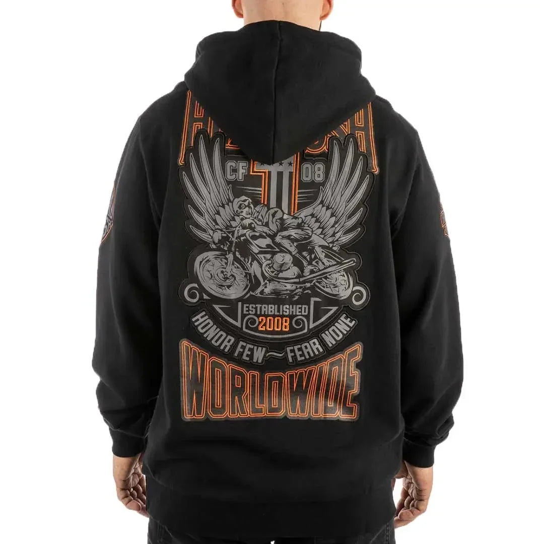 Man wearing black Headrush Worldwide pullover hoodie with large motorcycle and wings graphic on back