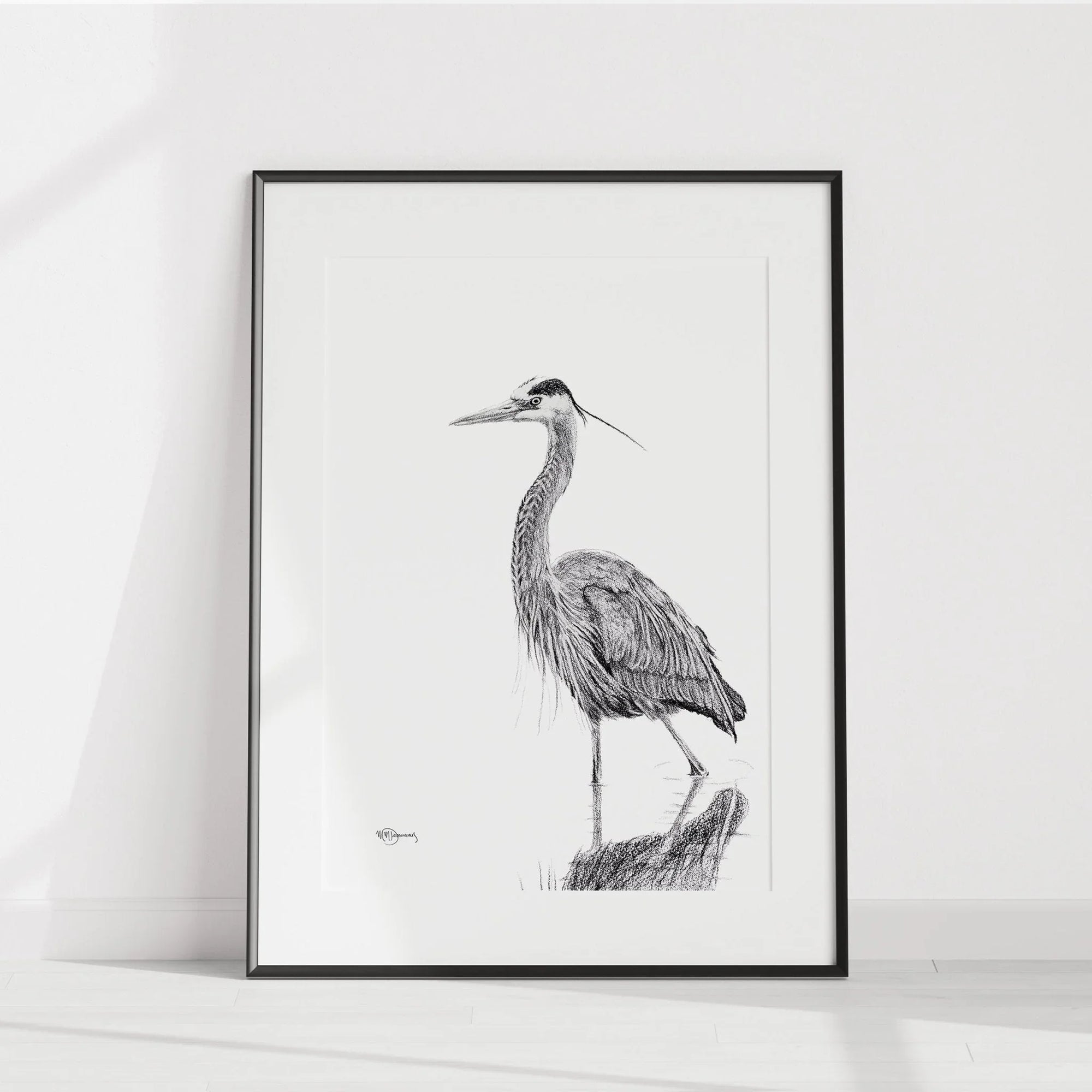 Great blue heron illustration in black frame, standing in water, minimalist wall art