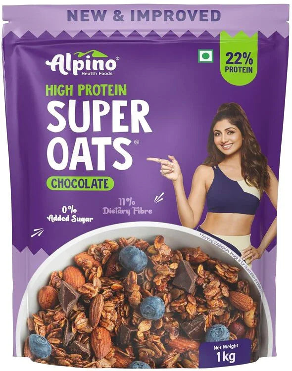 Alpino High Protein Super Oats Chocolate 1kg pack with woman in fitness wear, purple packaging