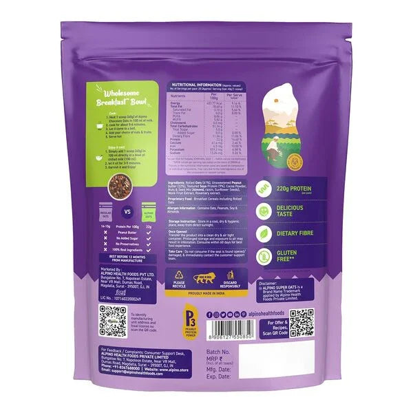 Purple oats and super seeds breakfast cereal package with nutrition facts and product benefits