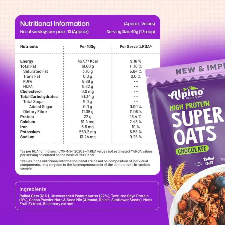 Alpino High Protein Super Oats chocolate pack with nutrition facts and ingredients list.
