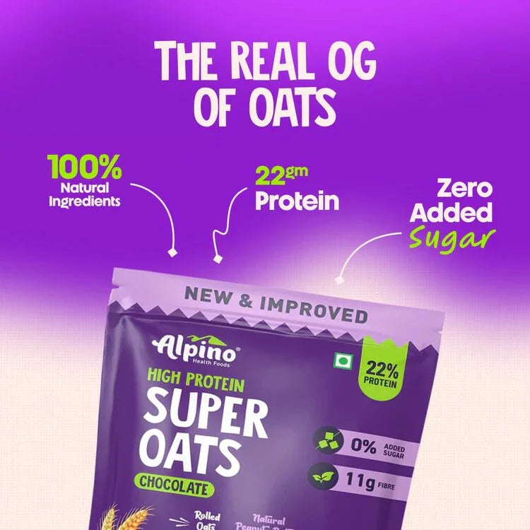 Alpino High Protein Super Oats chocolate pack with 22g protein and zero added sugar