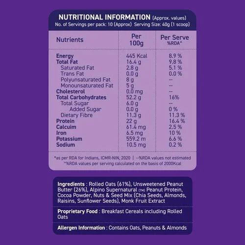 Nutritional information table with ingredients for oats and peanut butter cereal on a purple background.