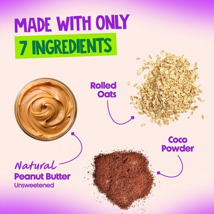 Peanut butter, rolled oats, and cocoa powder labeled as three of seven ingredients on a colorful background.
