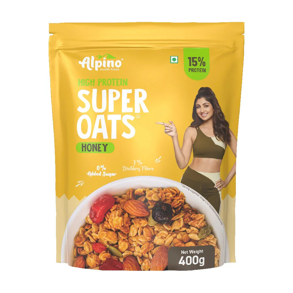 Alpino High Protein Super Oats Honey 400g pouch with oats, nuts, and a fit woman image