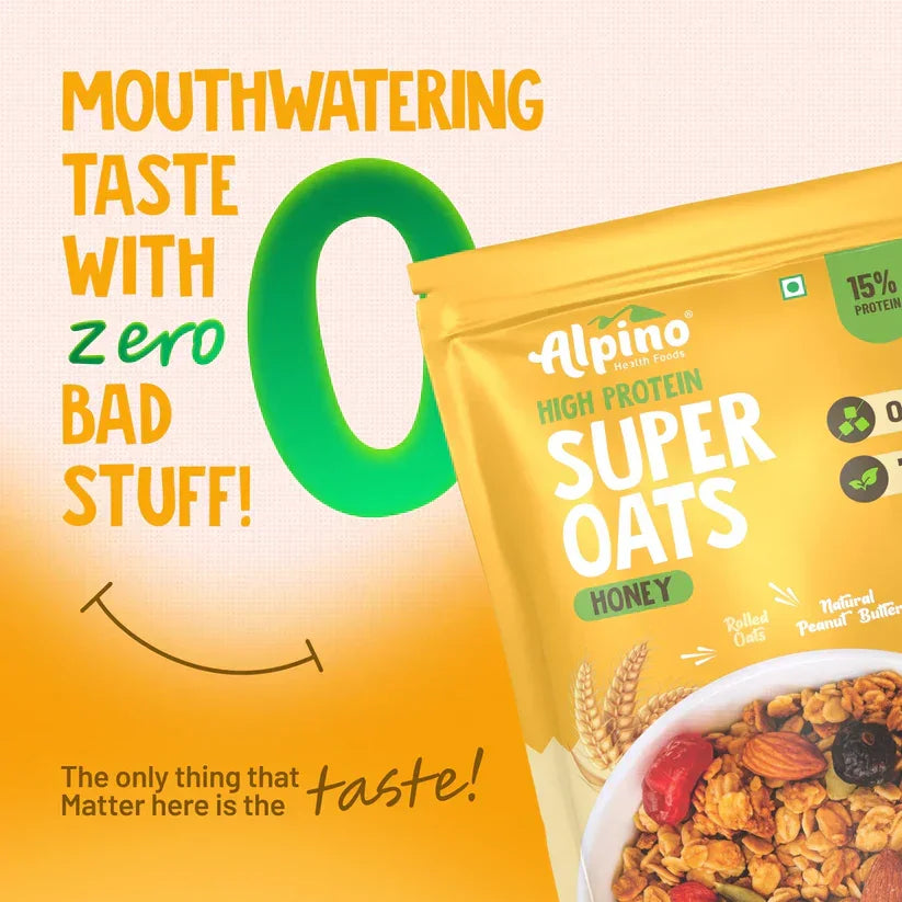 Alpino Super Oats honey high protein cereal pack with bold text highlighting zero bad ingredients.