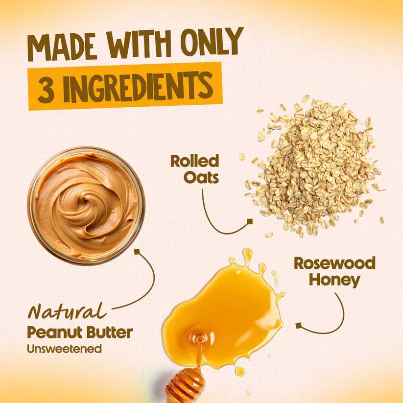 Three ingredient snack with natural peanut butter, rolled oats, and rosewood honey.