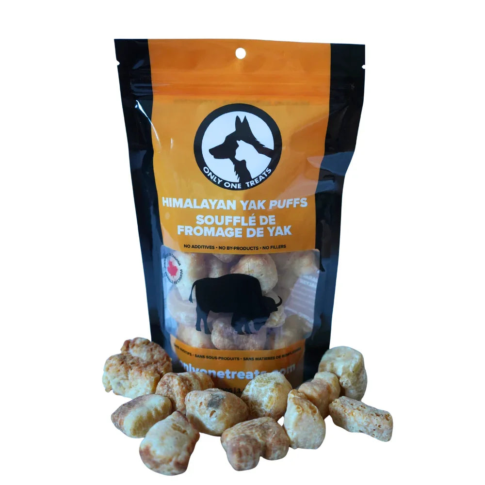 Himalayan Yak Puffs 100g dog treats in orange resealable bag with treats in front