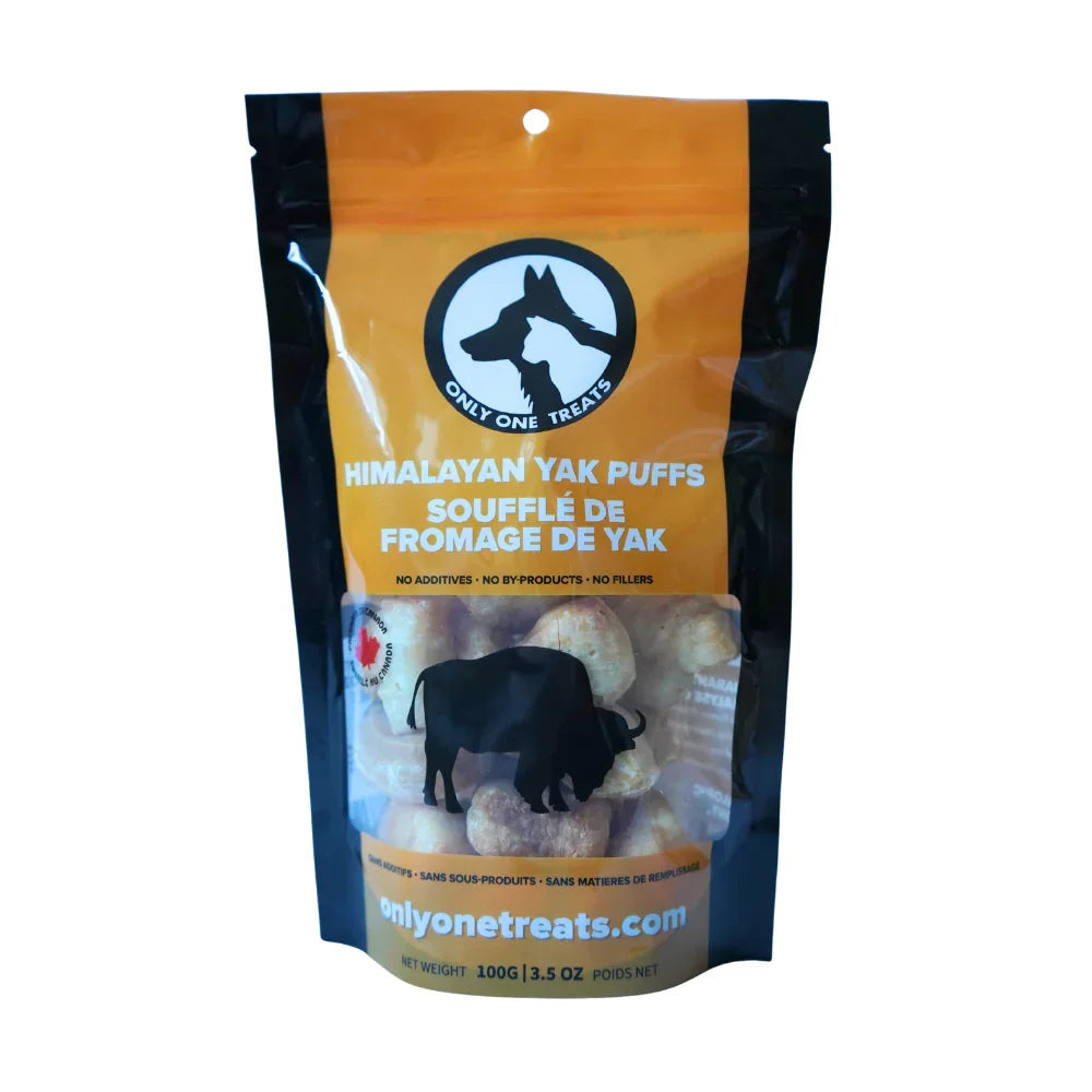 Only One Treats Himalayan Yak Puffs dog treats 100g resealable bag with yak graphic