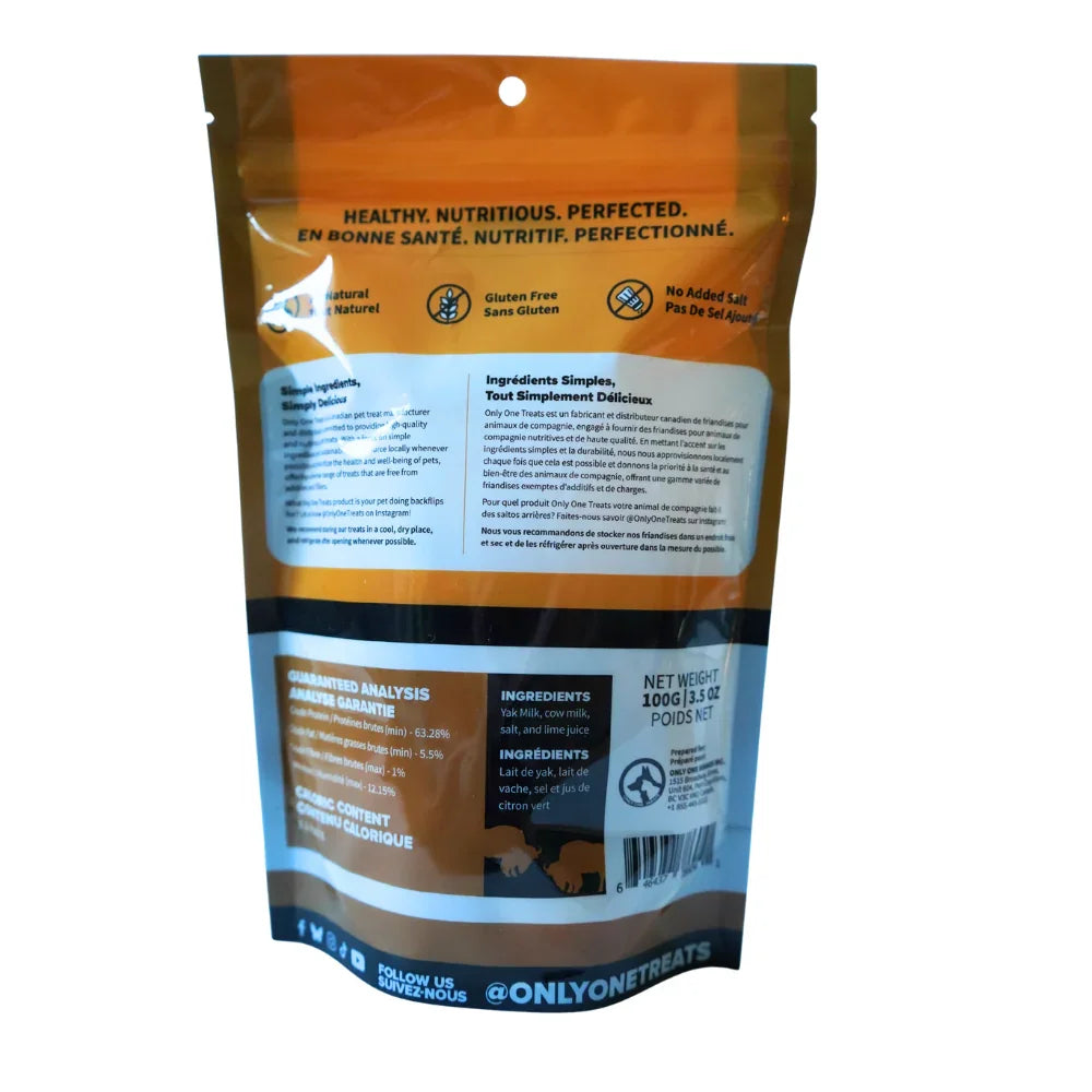 Back of Himalayan Yak Puffs 100g dog treats bag showing ingredients and nutritional info