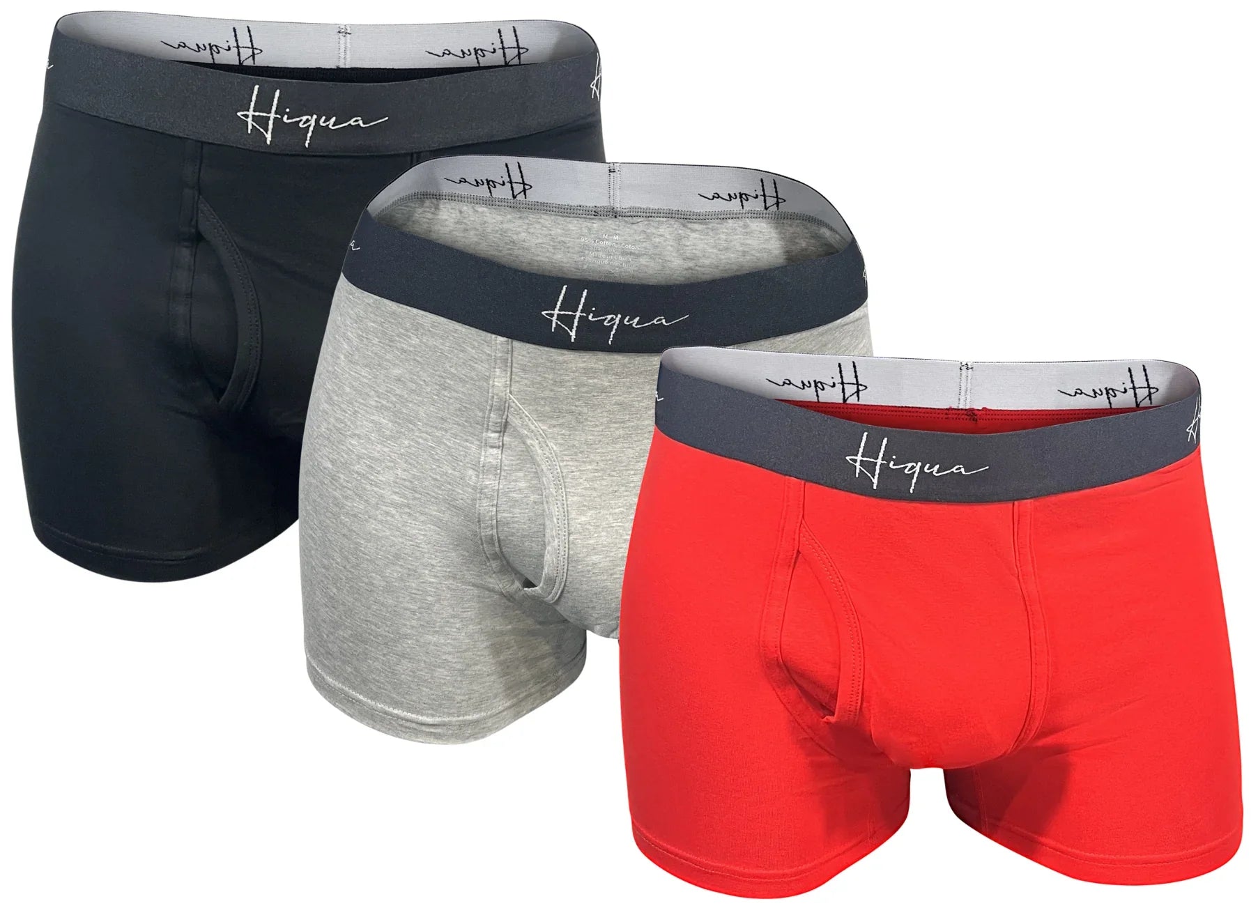 Hiqua men's boxer briefs in black, grey, and red, with dark branded waistbands