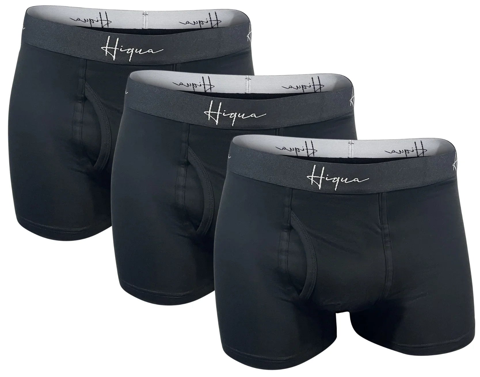 Three black Hiqua men's boxer briefs with gray waistband, front view, product display