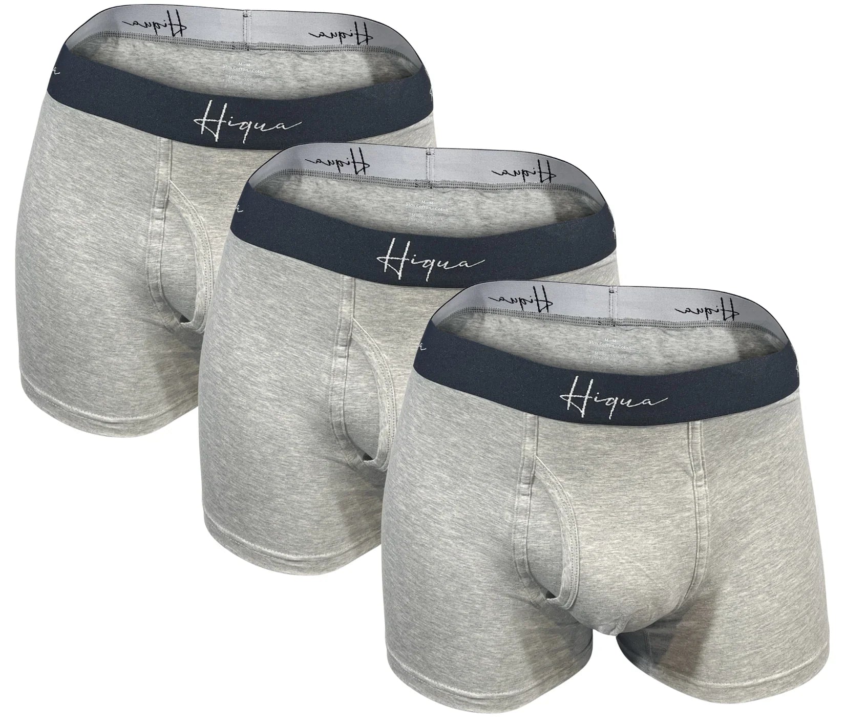 Three-pack of gray men's boxer briefs with black Hiqua waistband