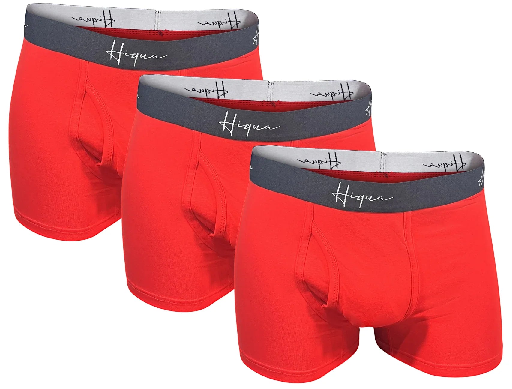 Three red Hiqua men's boxer briefs with gray waistband displayed in a row