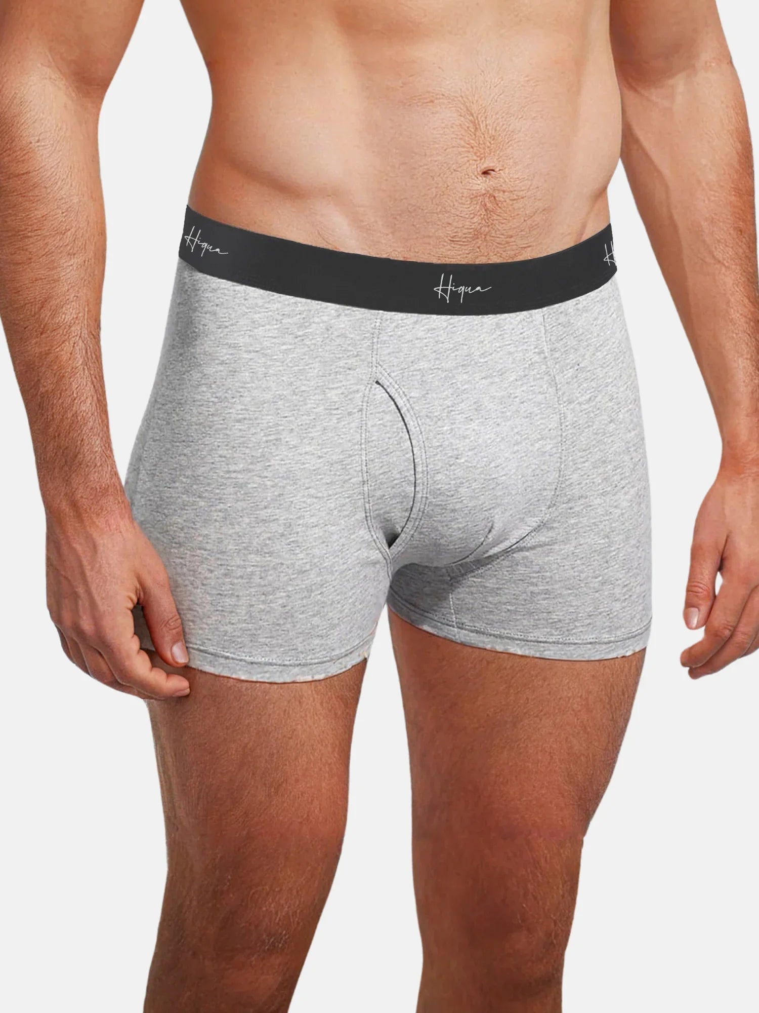 Men's gray boxer briefs with black waistband, closeup on model, seamless underwear