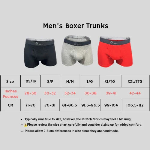 Men's boxer trunks size chart with black, grey, and red trunks above sizing details in inches and centimeters.