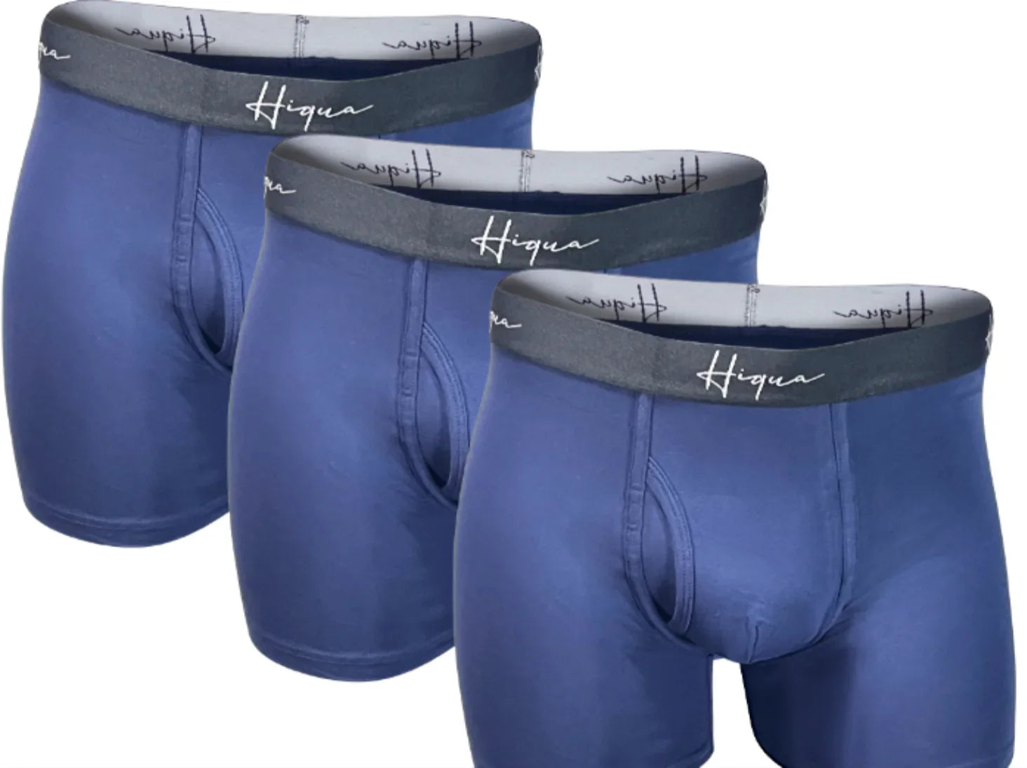Three navy blue Hiqua men's boxer briefs with gray waistbands in a row