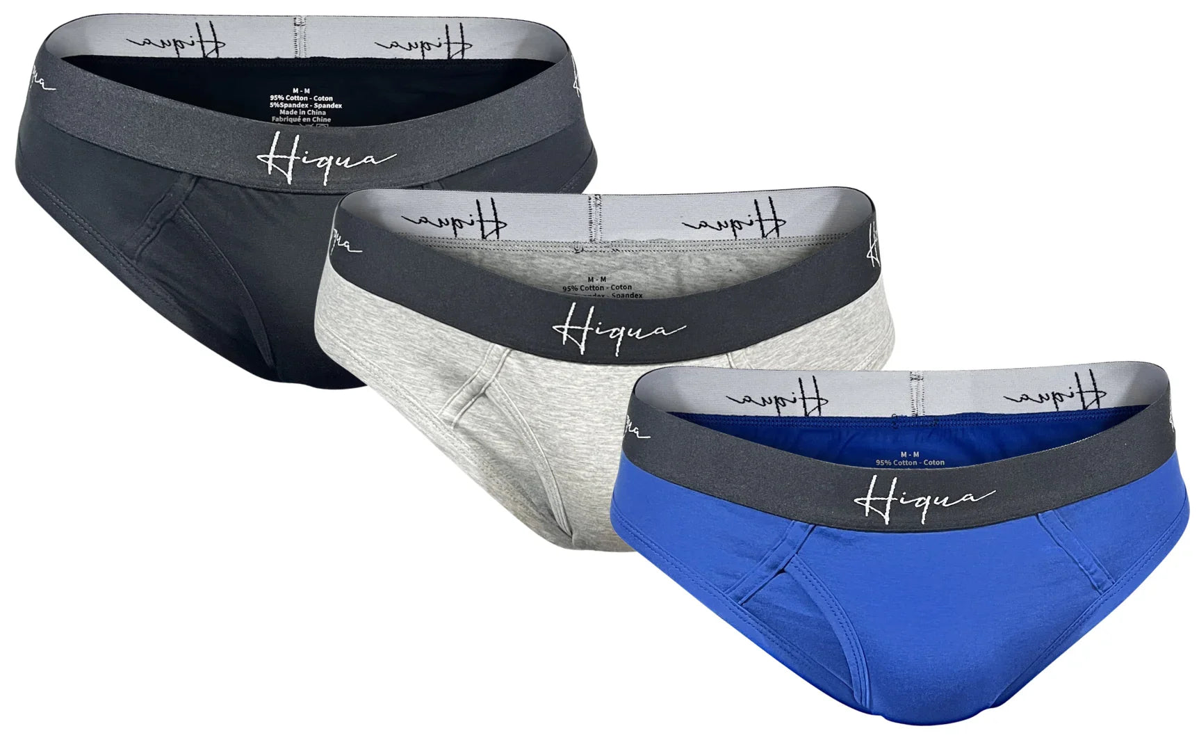 Men's cotton briefs pack in black, grey, and blue with Hiqua branded waistband