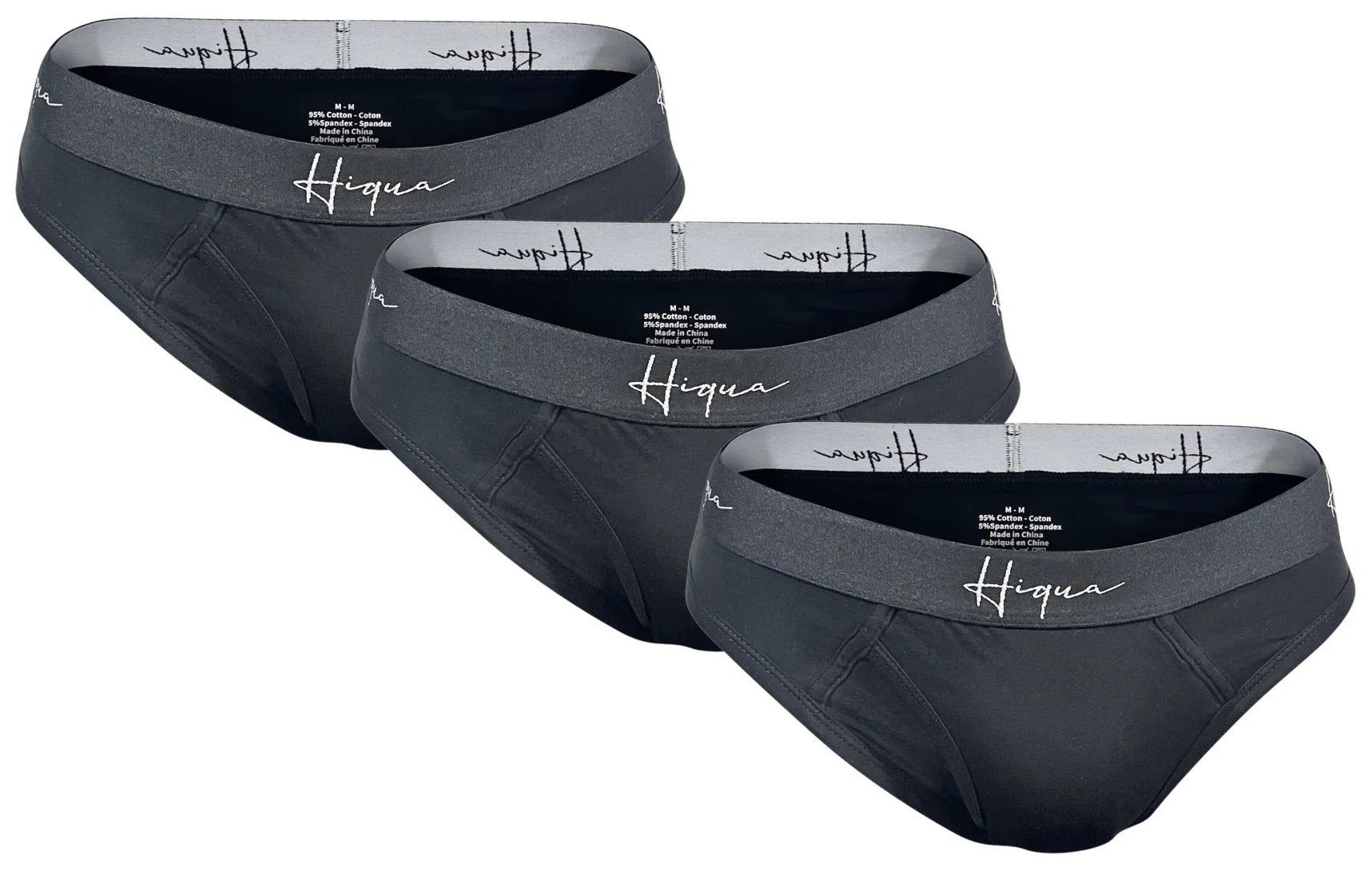 Three black Hiqua men's cotton briefs with grey waistband, front view