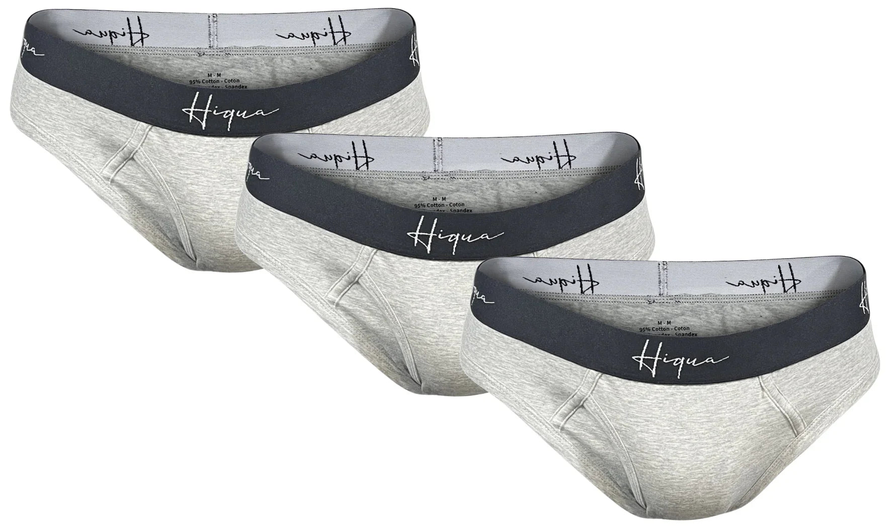Three grey Hiqua men's briefs with black waistband, cotton underwear set