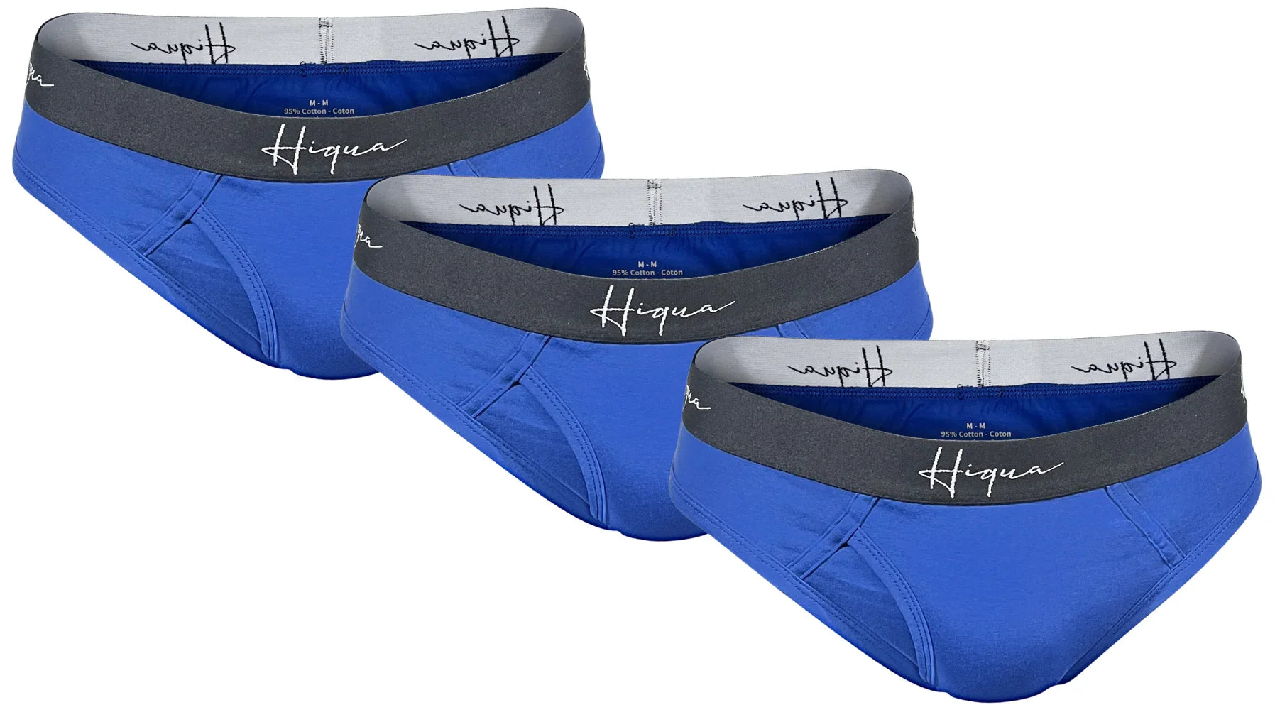 Three blue men's cotton briefs with grey Hiqua waistband on white background