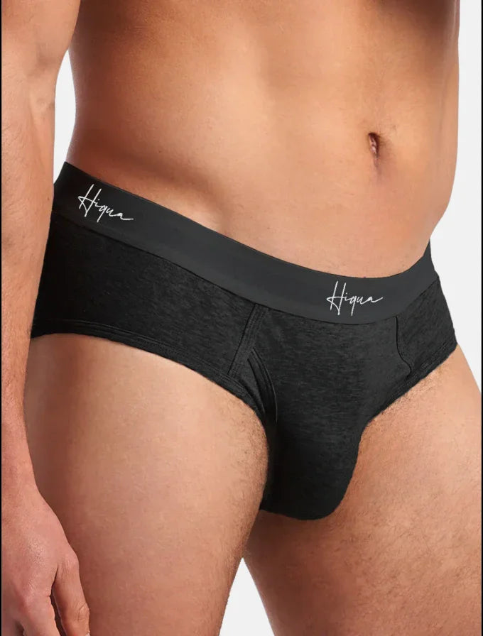 Men's black brief underwear with Hiqua logo waistband, close-up studio view